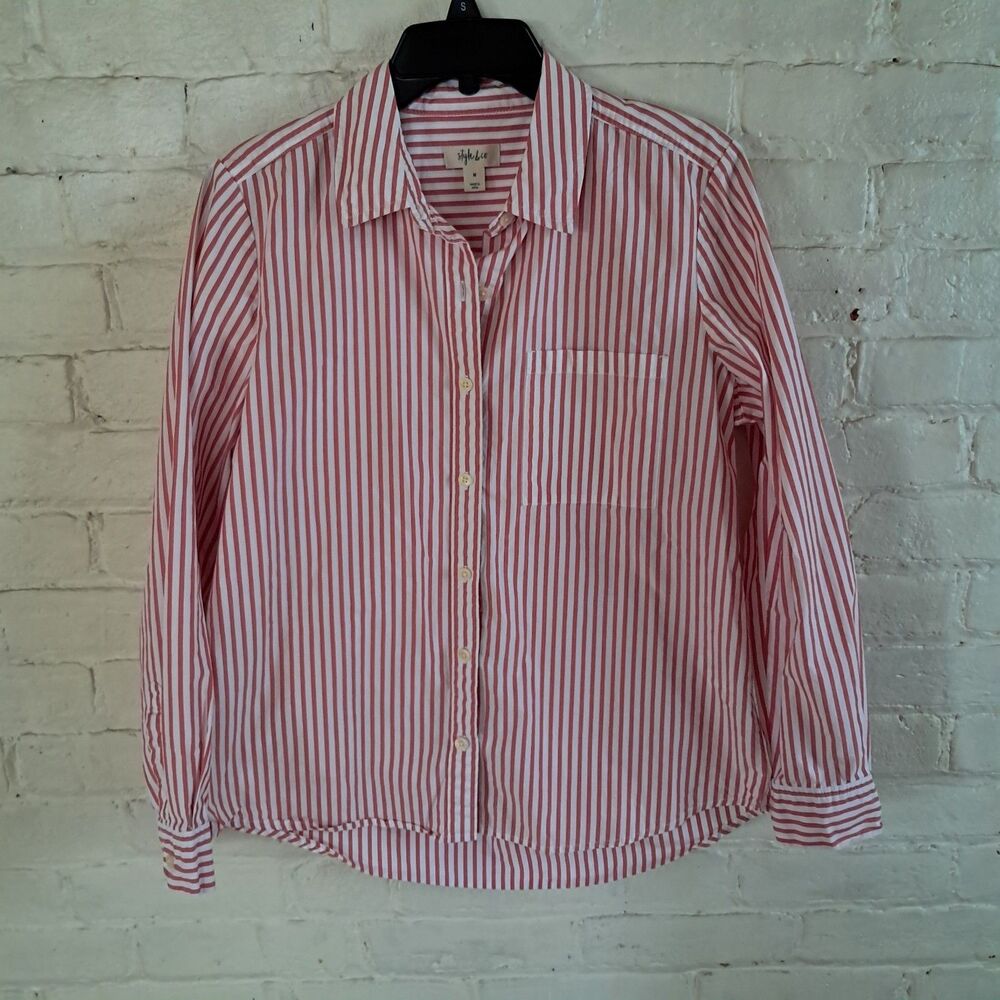 Style & Co Womens M Coral Cream Striped Oxford Beach Coastal Button Down Shirt